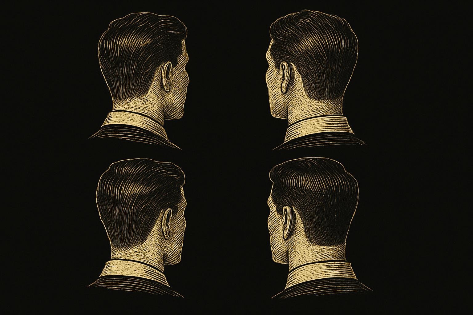 four etched gentleman neck diagrams showing neckline styles: a low natural taper, a medium soft curve, a too-high sharp shelf, and a low hard line; labeled only by subtle visual differences, vintage barber-chart look