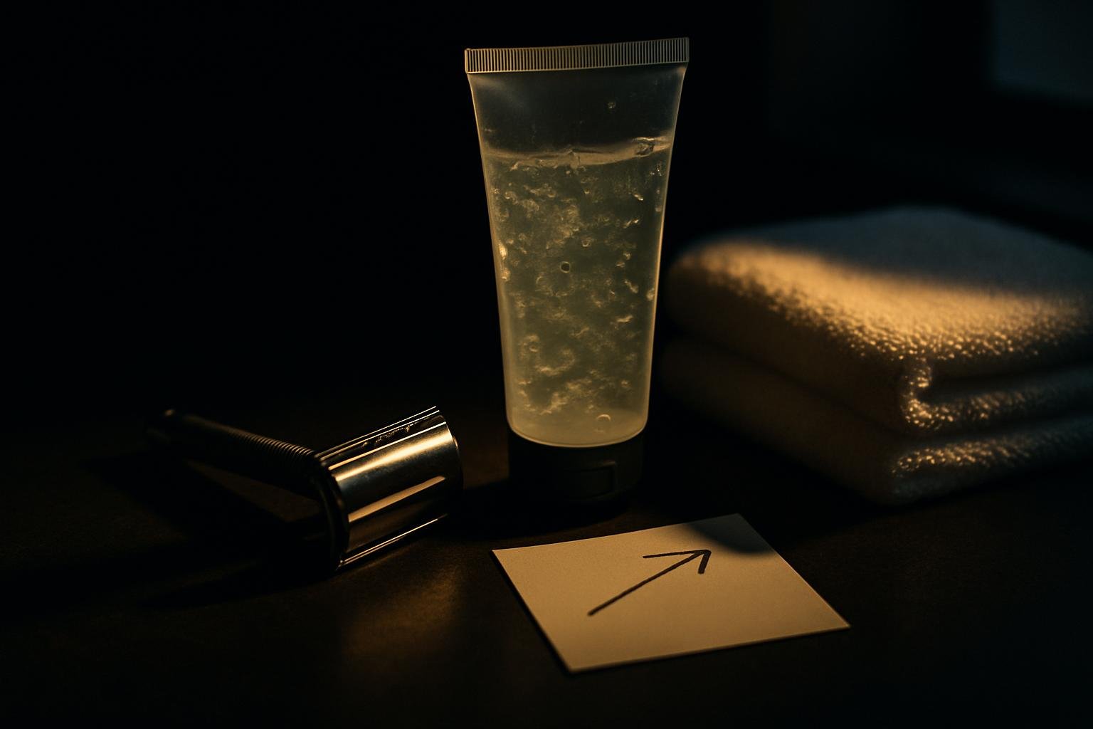 A bathroom counter scene: metal safety razor, clear shave gel tube, soft white towel, and a small notecard with a plain arrow sketch, under cool morning window light. No brands, no text.