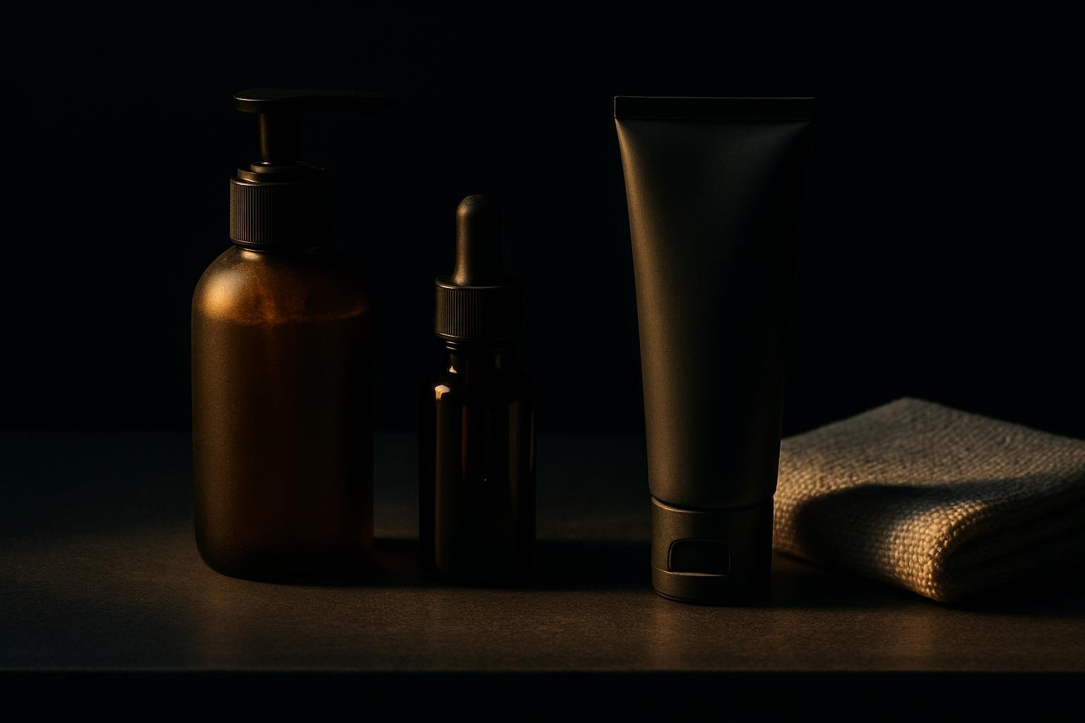 DEFAULT — a bathroom counter scene: a pump gel cleanser, a small dropper bottle, a sunscreen tube, and a folded face towel on matte stone under cool morning light