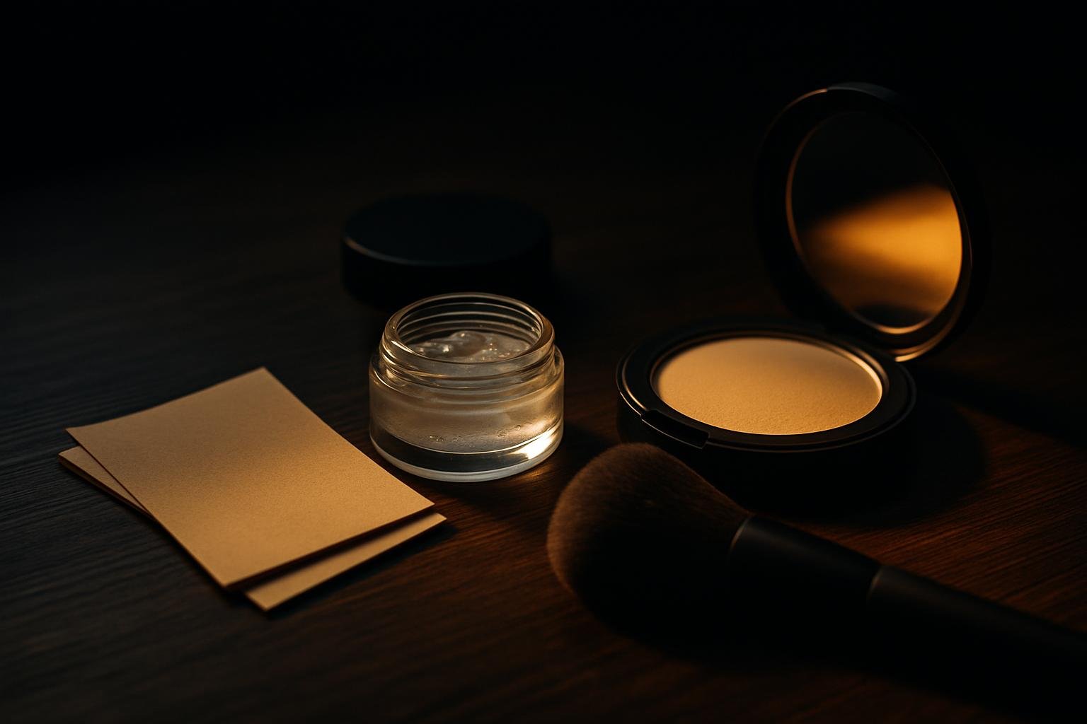 DEFAULT — a neatly arranged set: blotting papers, a small jar of clear mattifying gel, a fluffy powder brush, and a translucent powder compact on a dark wood table near soft window light