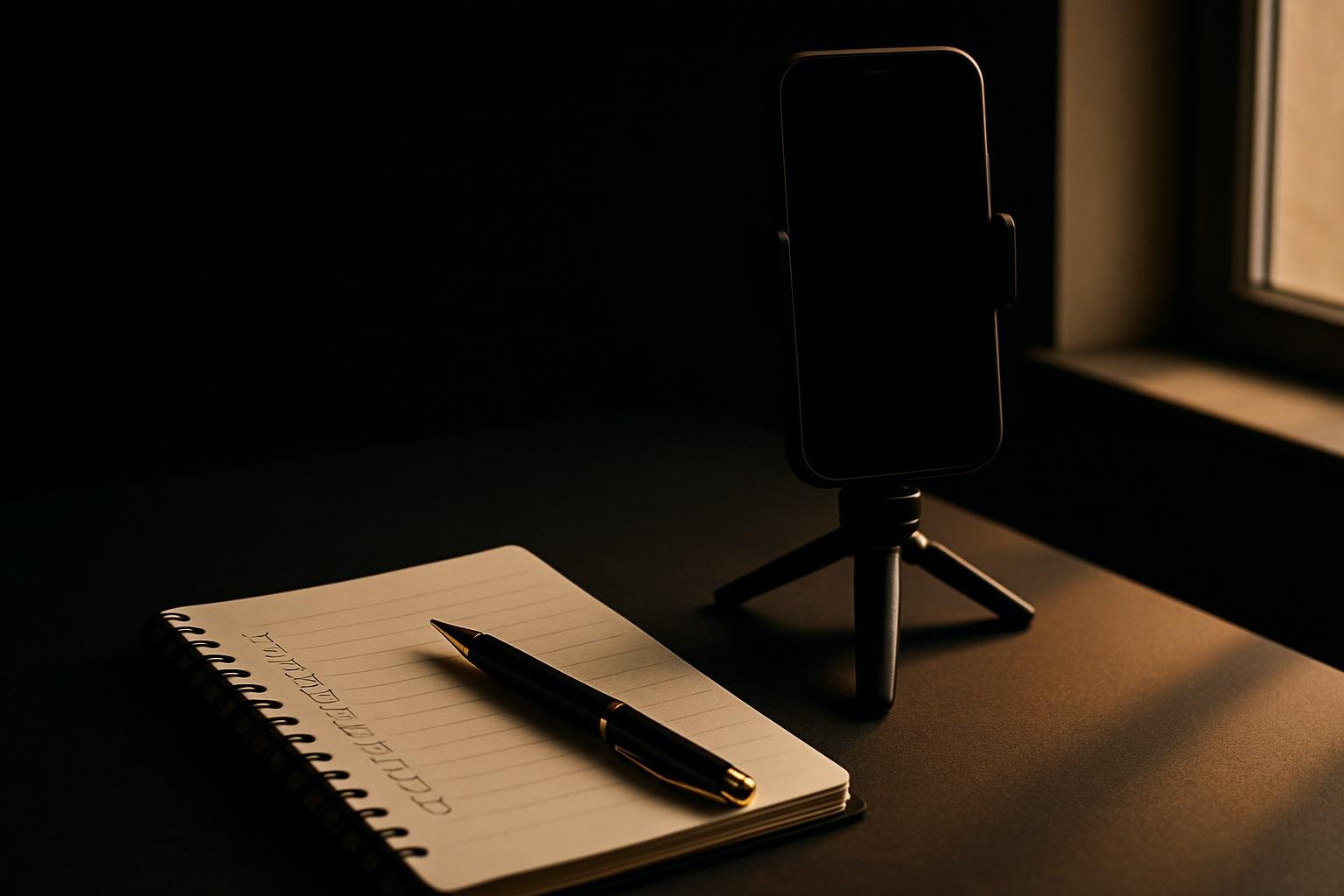 DEFAULT — a small desk scene: a notebook with checkboxes, a pen, a phone on a simple tripod, and a window casting even daylight across a neutral surface