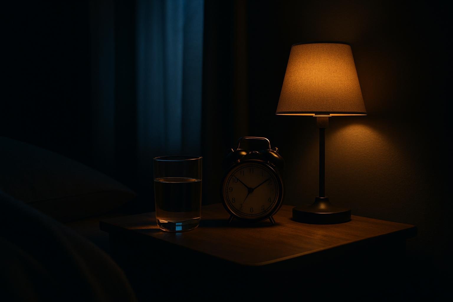 a tidy nightstand with a glass of water, a low-profile wedge pillow edge, a small analog alarm clock, and a dim bedside lamp; cool morning light through curtains