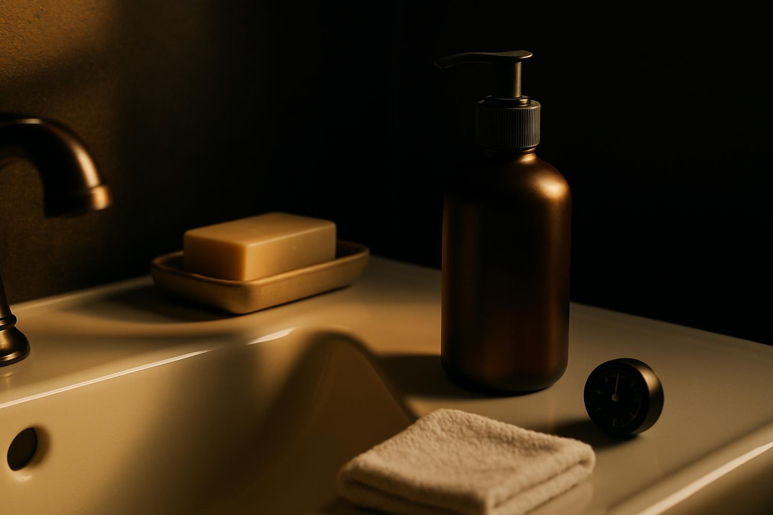 a bathroom sink scene with a pump bottle, a ceramic soap dish, a folded white hand towel, and a small timer, under soft morning window light; no labels or screens