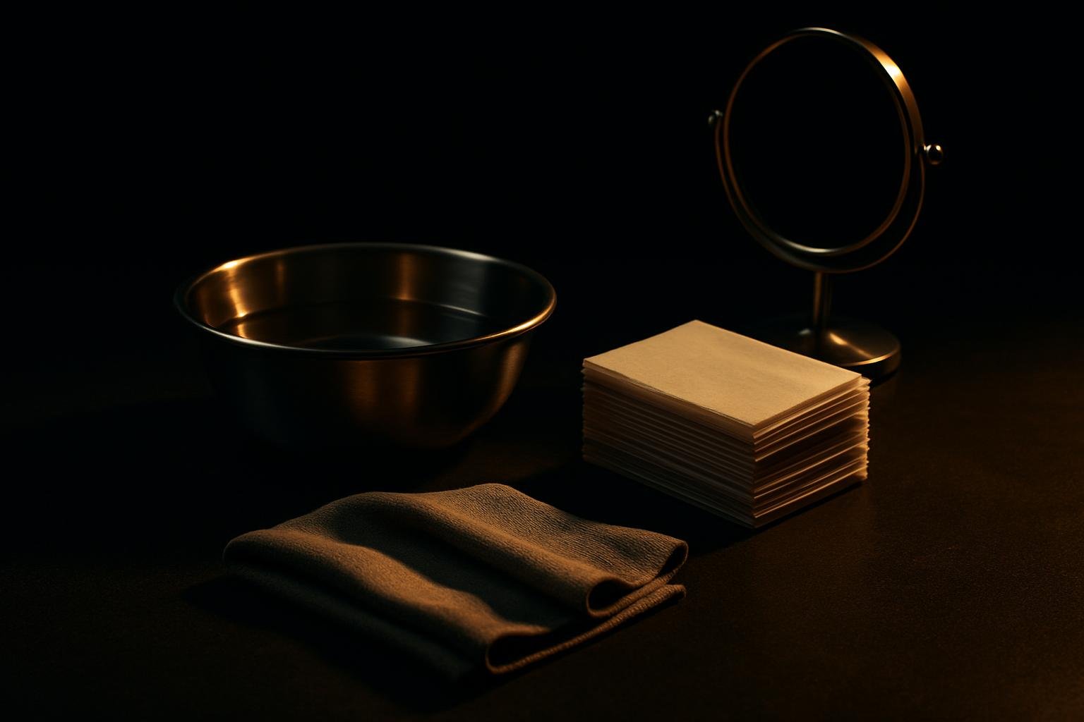 a small stainless steel bowl of warm water, a folded tissue stack, a clean microfiber cloth, and a countertop mirror under soft afternoon light; no faces or text