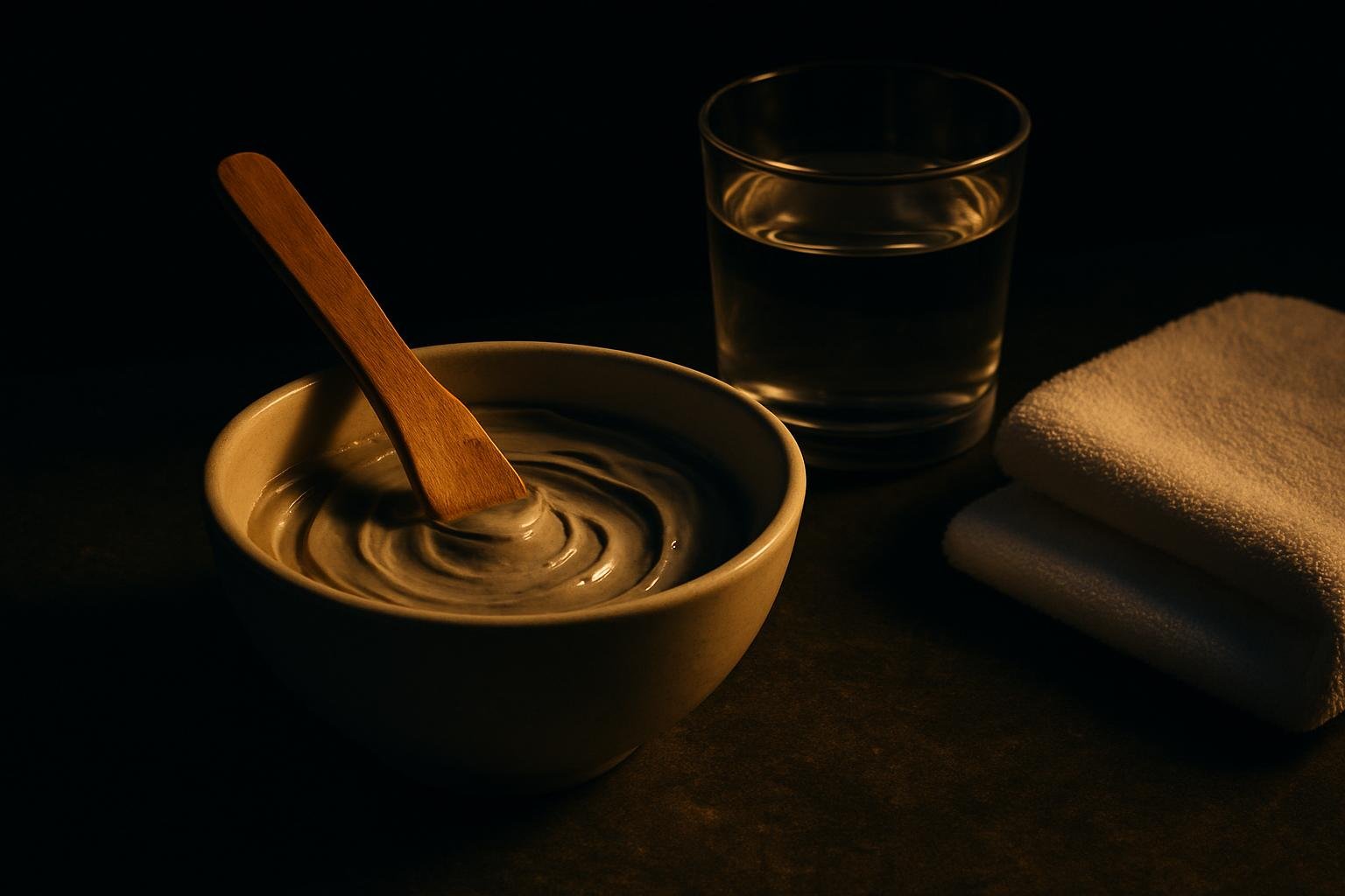 a ceramic bowl with pale clay, a wooden spatula, a glass of water, and a clean white towel on a stone countertop under cool evening light; no brands or text