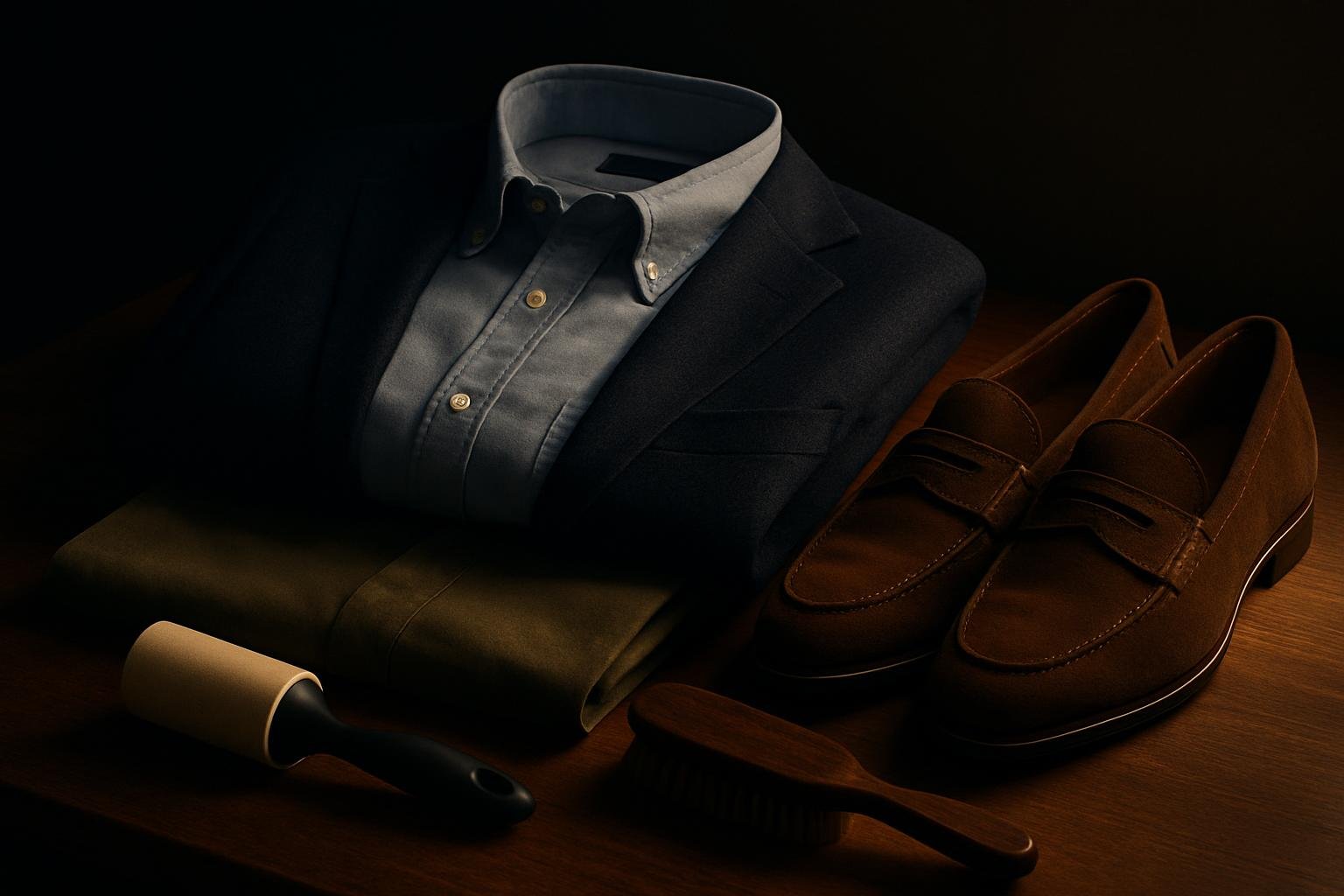 a neatly folded navy sport jacket, light blue Oxford shirt, olive chinos, and brown suede loafers arranged on a wooden table with a lint roller and garment brush under soft window light
