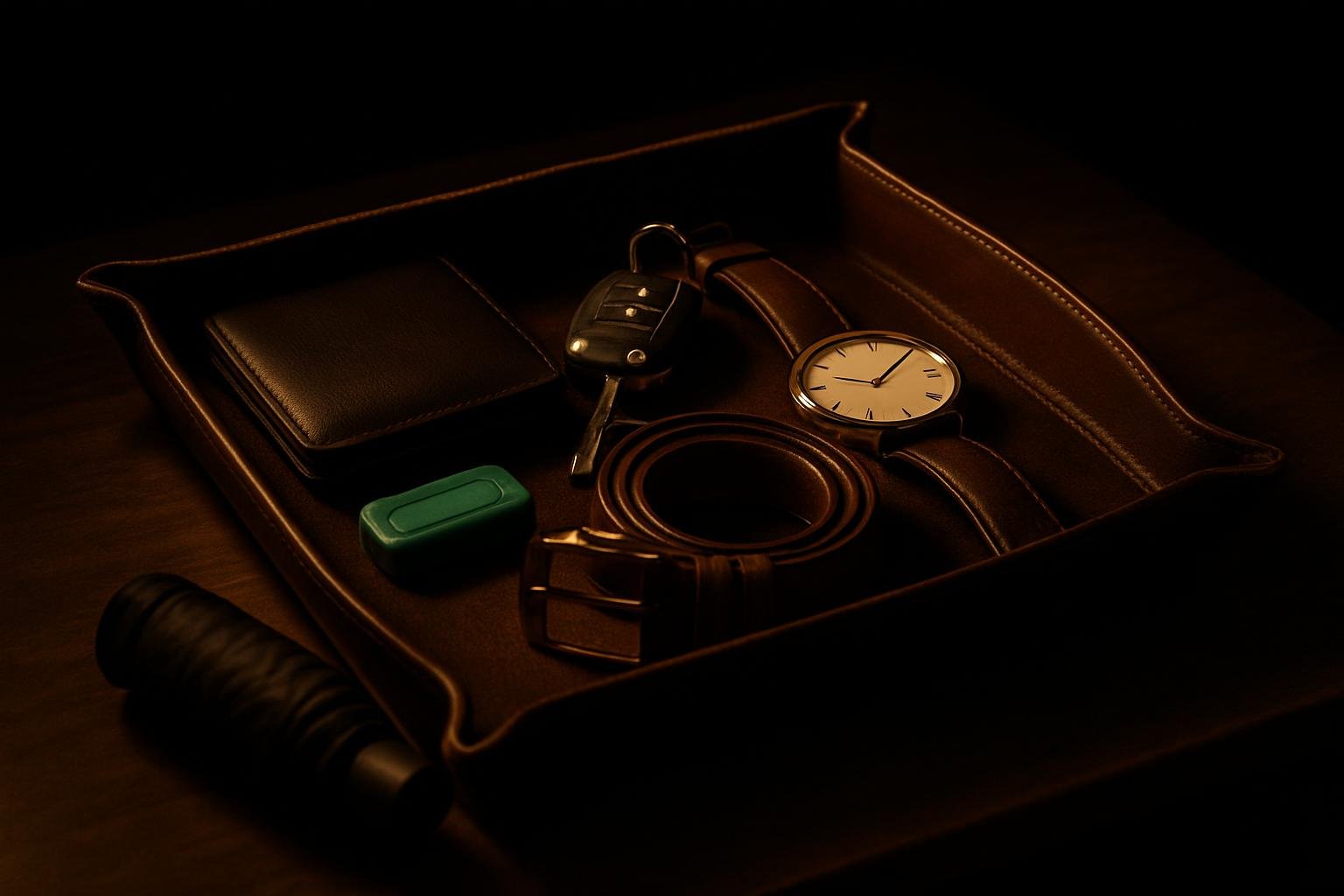 a leather tray on an entry table holding a slim wallet, car keys, a classic watch, a brown leather belt, mint gum, and a compact black umbrella under warm evening light
