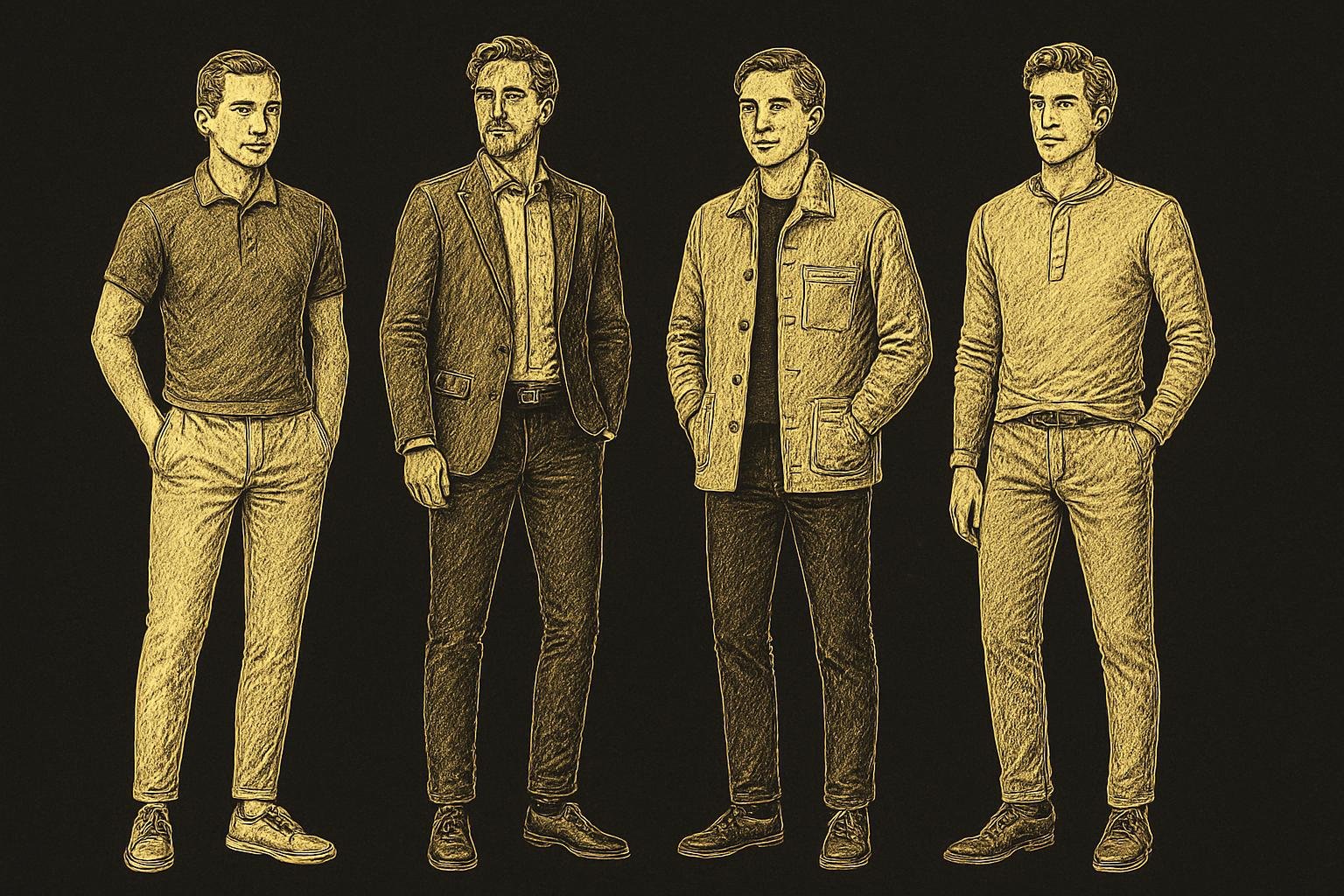 four etched gentleman figures showing venue-specific outfits: a knit polo with chinos and sneakers; an Oxford shirt with unstructured jacket, dark jeans, and loafers; a long-sleeve tee with chore jacket and dark jeans; and a henley with chinos and desert boots