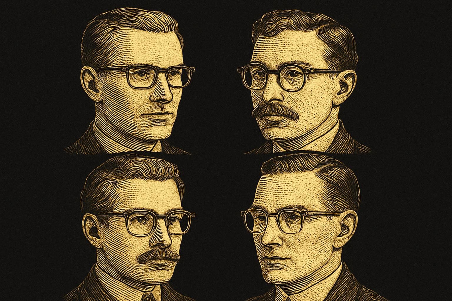 four etched gentleman heads, each wearing a different eyeglass style: thin rectangular matte charcoal; rounded tortoise P3; smoked crystal soft-square; semi-rimless titanium with narrow bridge