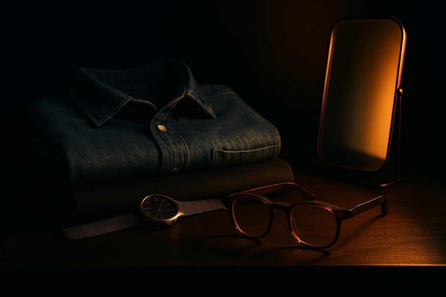 DEFAULT — a small setup on a dresser: a folded denim shirt, a charcoal crew tee, a simple metal watch, and a pair of matte tortoise glasses beside a standing mirror in soft morning light