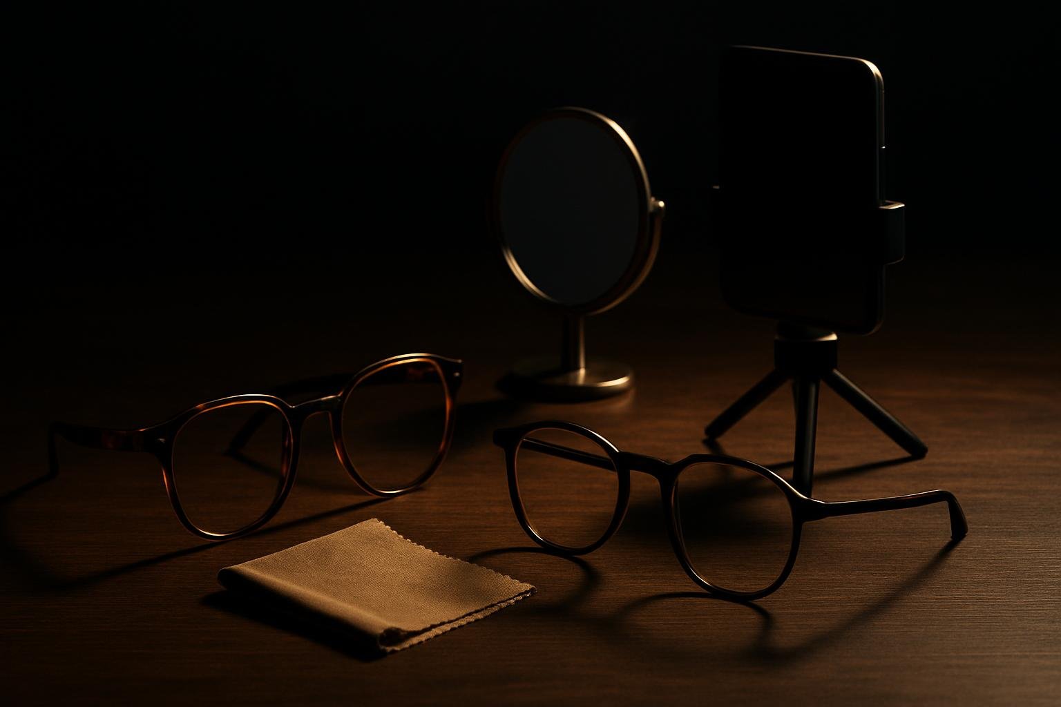 DEFAULT — a wooden tabletop with two pairs of men’s eyeglasses (one matte tortoise, one thin black), a microfiber cloth, a small handheld mirror, and a phone on a simple tripod under soft window light
