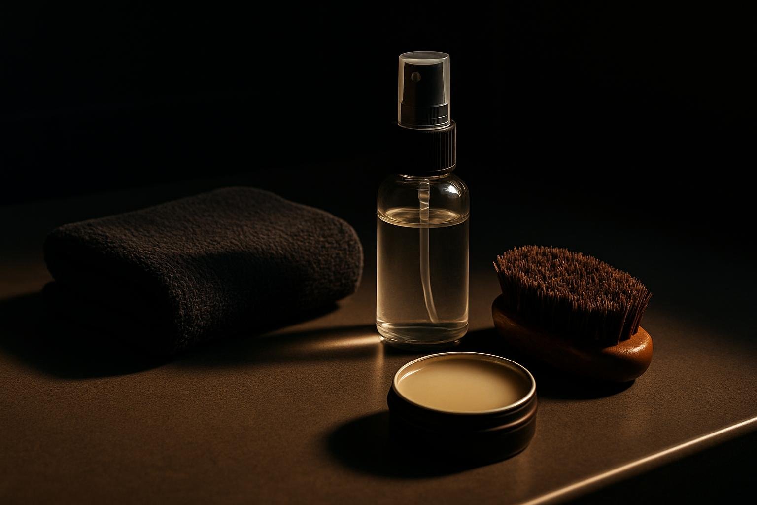 a neatly folded dark hand towel beside a small water spray bottle, a pocket-size boar-bristle brush, and a travel tin of balm on a clean bathroom counter under bright daylight