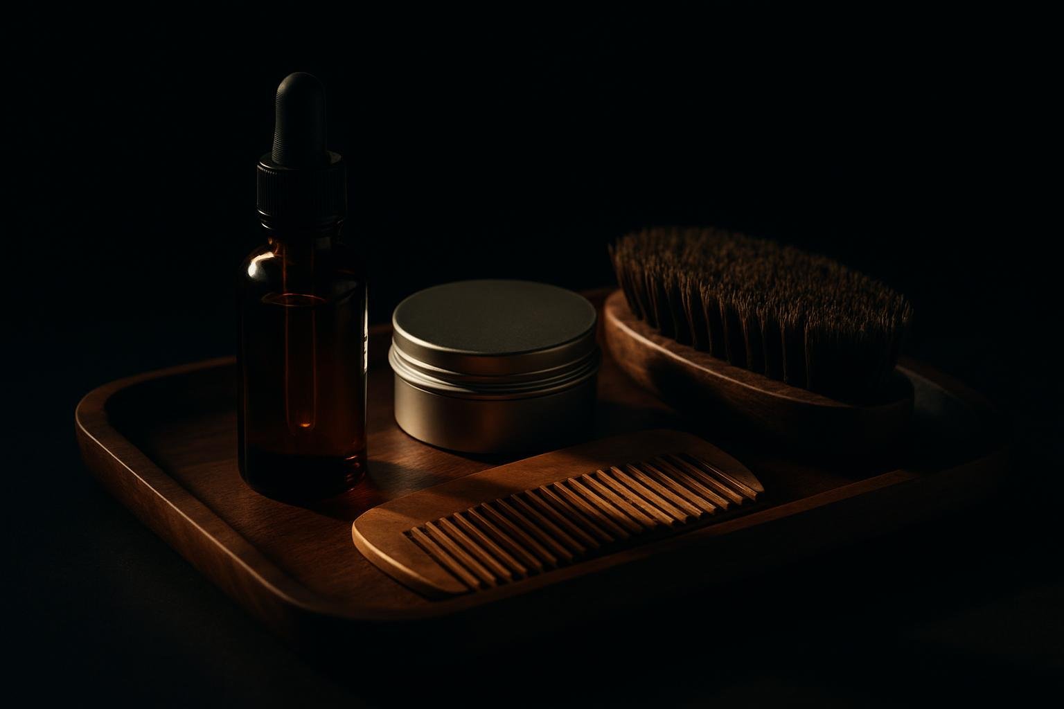 a small amber dropper bottle, a matte metal balm tin, a wooden beard comb, and a boar-bristle brush arranged on a dark walnut tray under soft morning window light