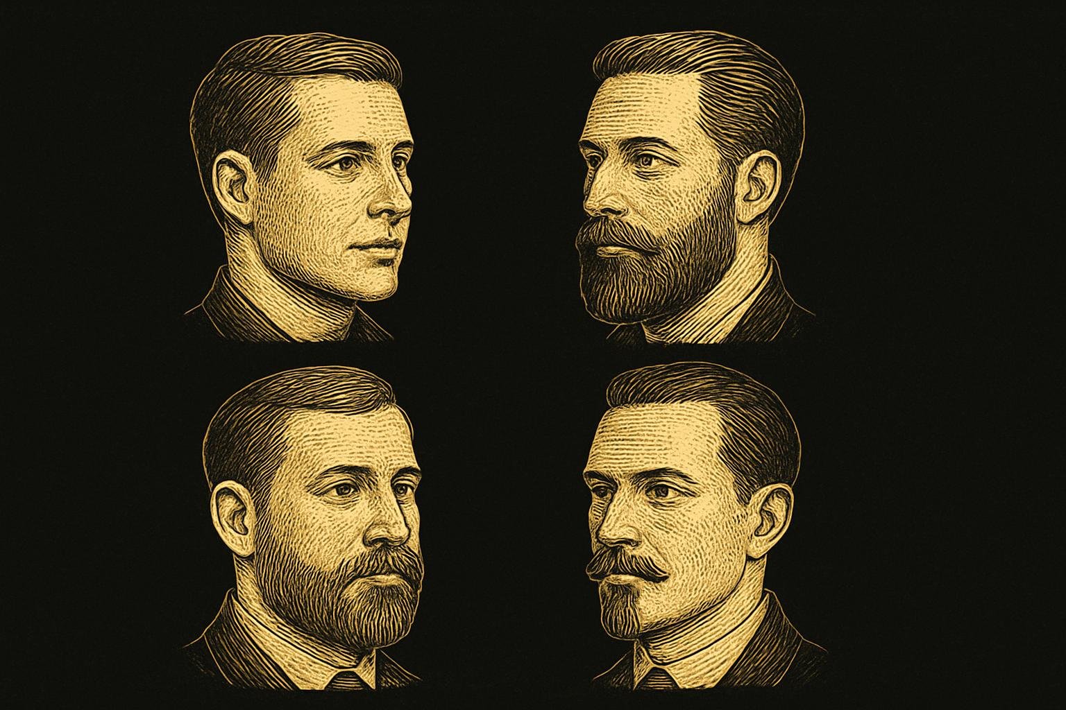 four etched gentleman head-and-neck illustrations showing distinct beard silhouettes: a short boxed beard with soft edges, a tapered full beard with blended sideburns, a corporate beard with rounded bottom, and a goatee with neat mustache
