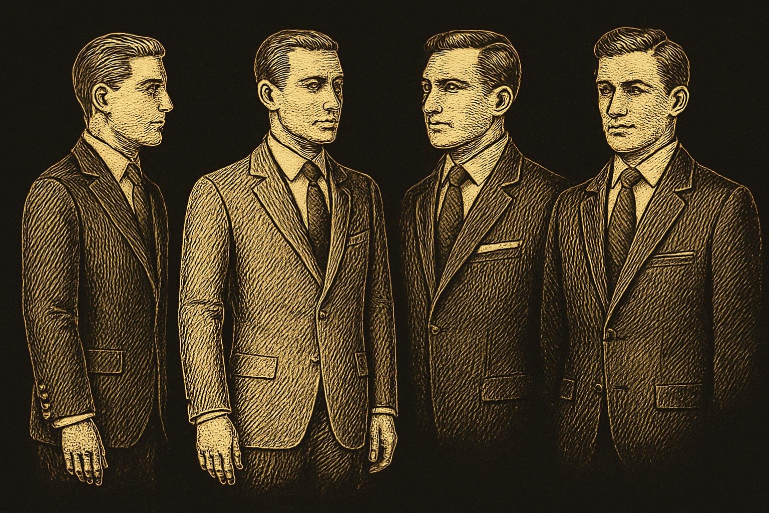 four etched gentleman torsos in a vintage tailoring chart showing sleeve length to wrist bone with cuff exposure, correct jacket hem at mid-hand, proper collar hugging the shirt, and lapels lying flat