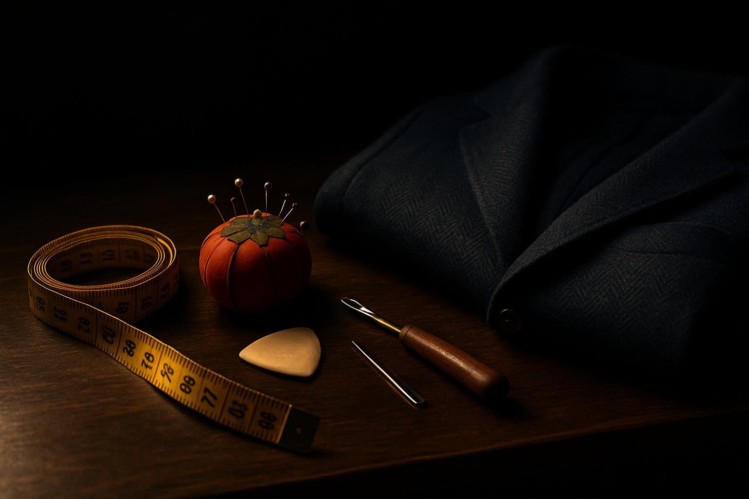 a tailor’s wooden table with measuring tape, tailor’s chalk, seam ripper, pins in a tomato pin cushion, and folded navy tweed sport coat under soft window light