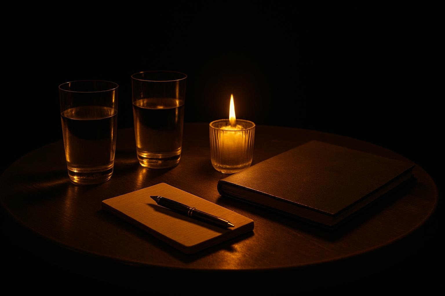 a quiet corner table with two water glasses, a candle, a closed menu, and a pen on a small notebook under evening cafe light