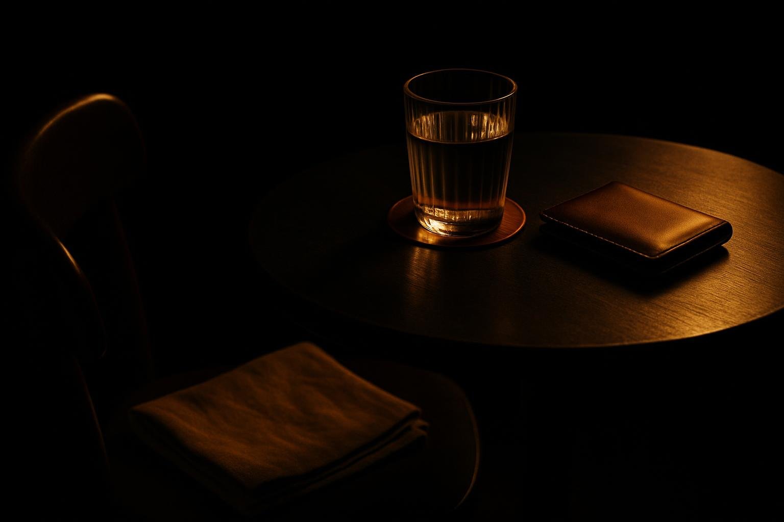 a small round cafe table with a water glass on a coaster, a cloth napkin folded on a lap-level chair, and a leather wallet set aside under soft evening light