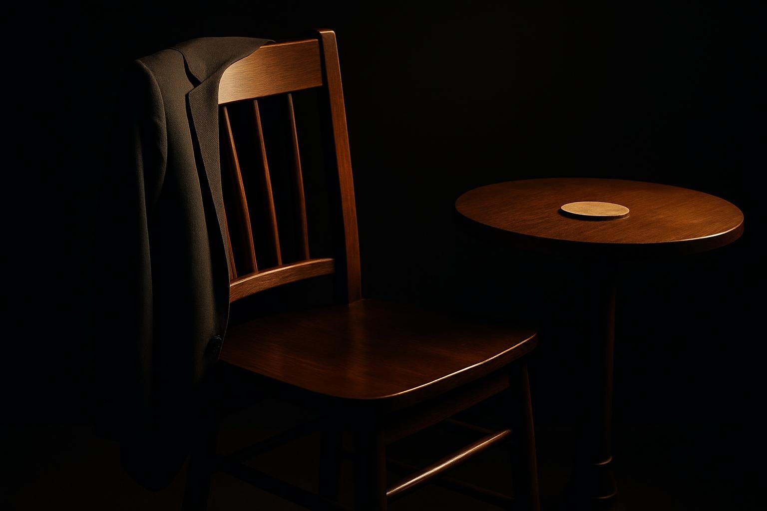 a wooden chair angled toward a small table, with a footrest rung, a coaster, and a folded jacket on the chair back in warm window light