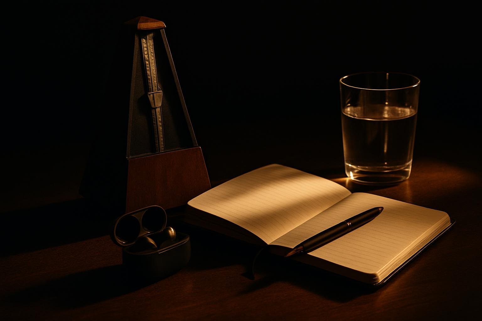 A small desk scene with a metronome, notebook with a pen, wireless earbuds in a case, and a clear water glass under morning window light; no people or text visible.