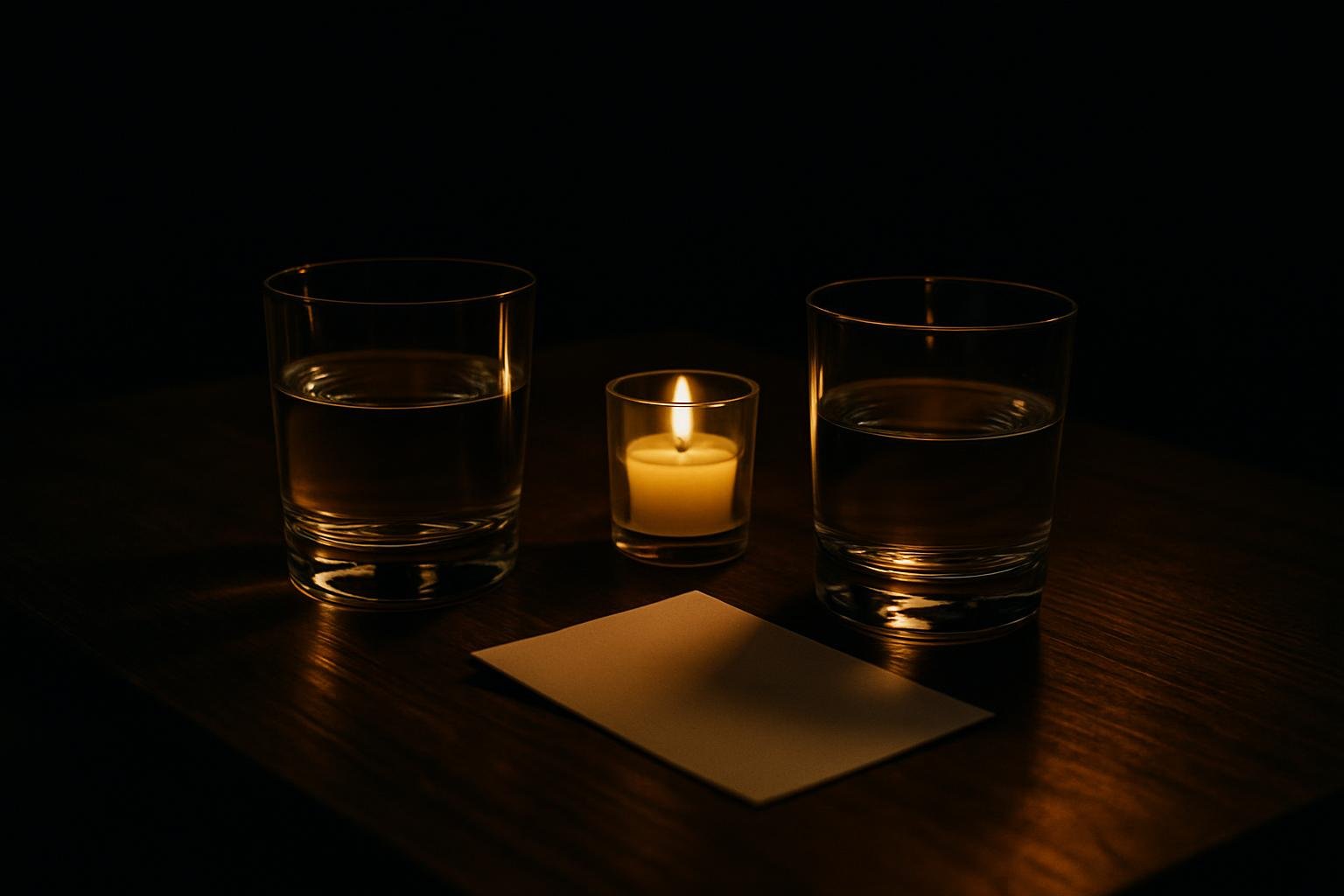 Two lowball glasses with water, a small candle, and a folded note card on a dark wooden table under soft side light; quiet bar setting; no people or text visible.