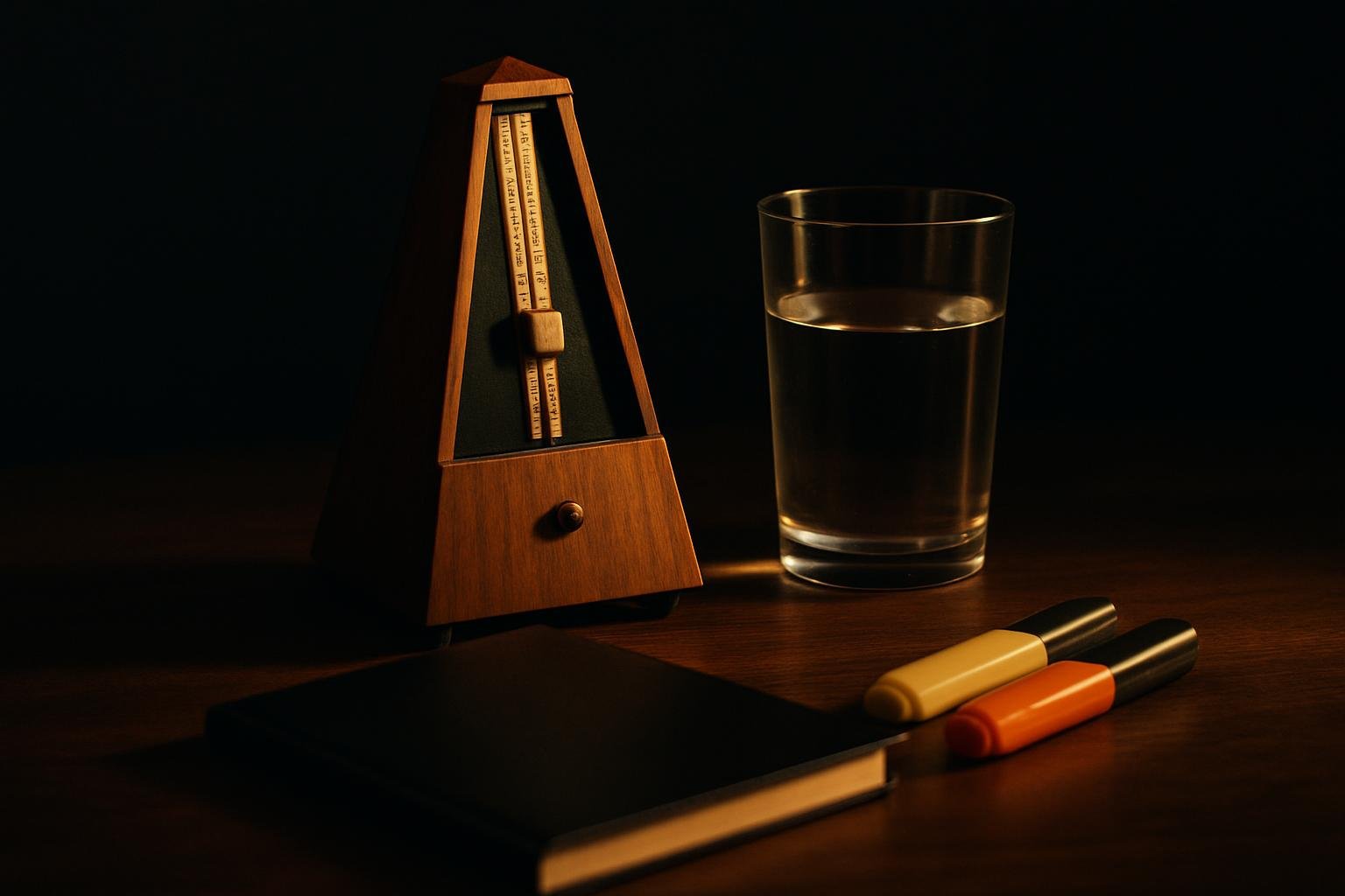 DEFAULT — a wooden metronome, a closed black notebook, a glass of water, and two colored highlighters arranged on a clean desk under soft morning window light
