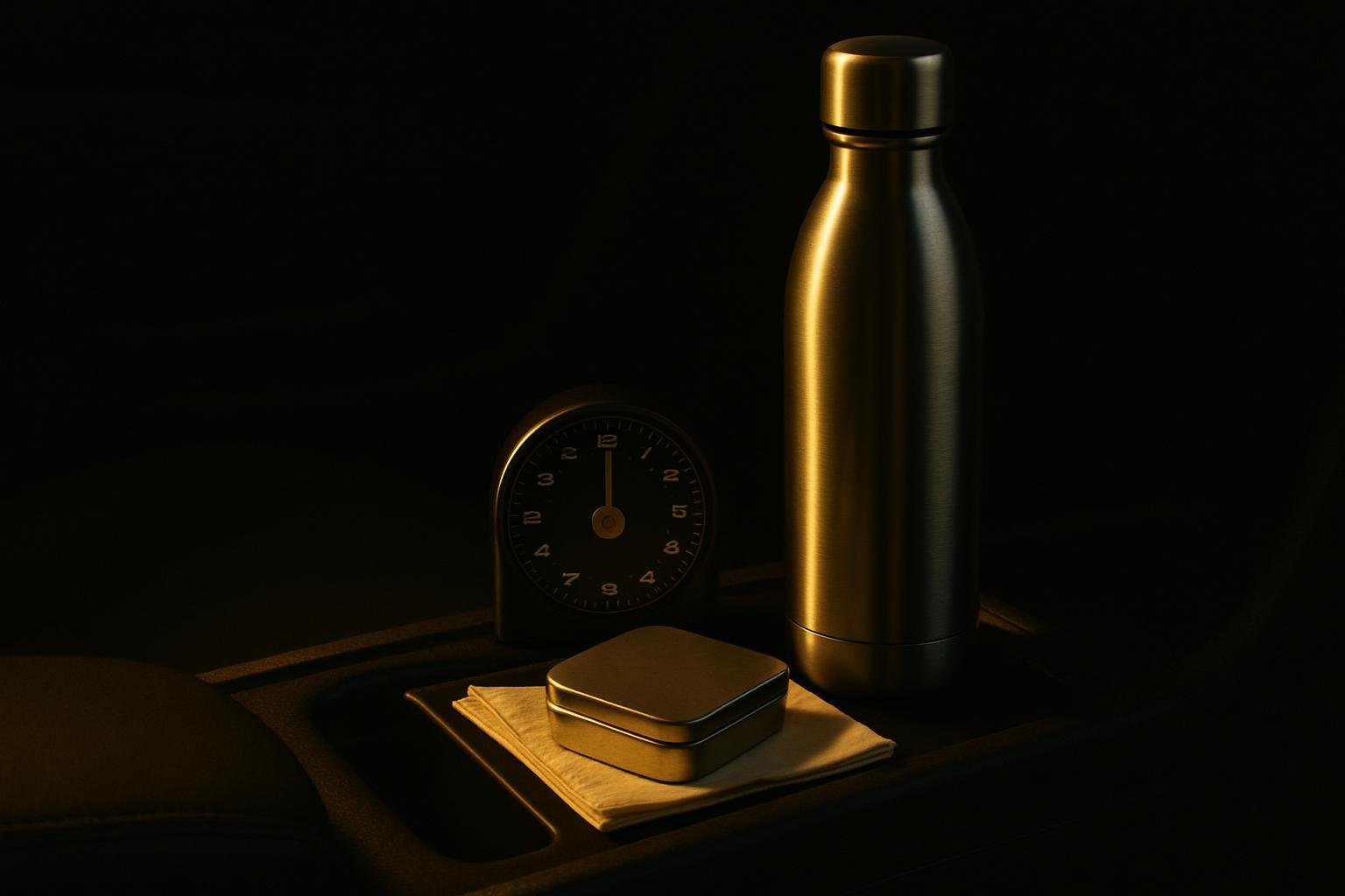DEFAULT — a minimalist car console with a small analog timer, a stainless steel water bottle, a pack of plain mints, and a folded napkin under soft evening light