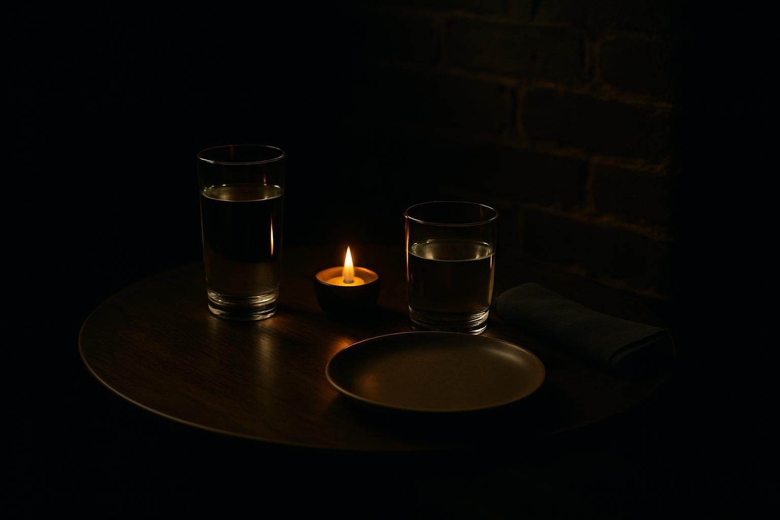 a small bistro table against a brick wall with two glasses of water, a folded cloth napkin, a candle in a low holder, and a simple ceramic plate under evening ambient light; no people, no logos