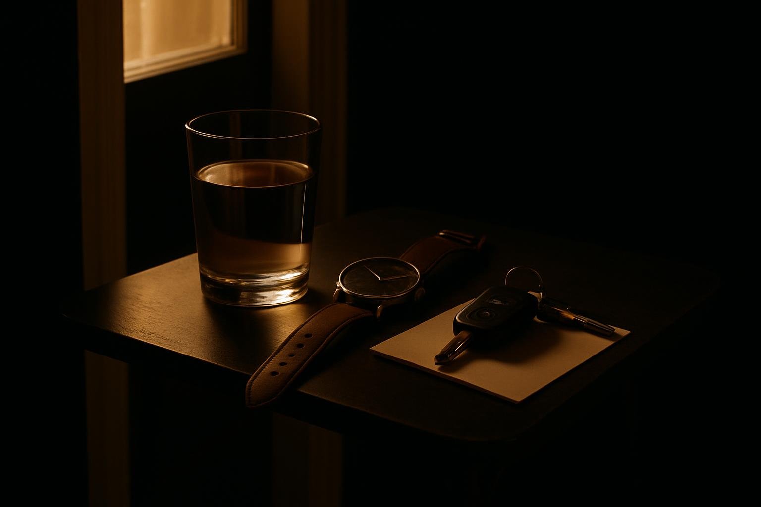 a small table by a doorway with a glass of water, a simple analog watch, car keys, and a folded notecard under soft morning window light; no people, no text