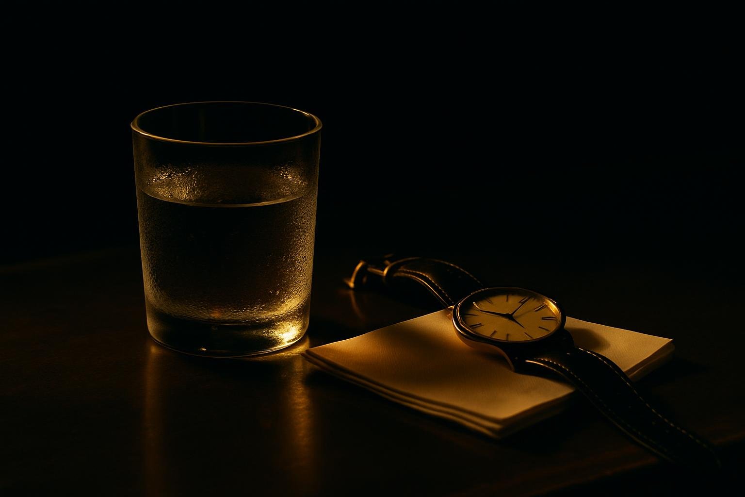 a small glass of water with condensation beside a simple analog watch and a folded paper napkin on a bar top under soft evening light