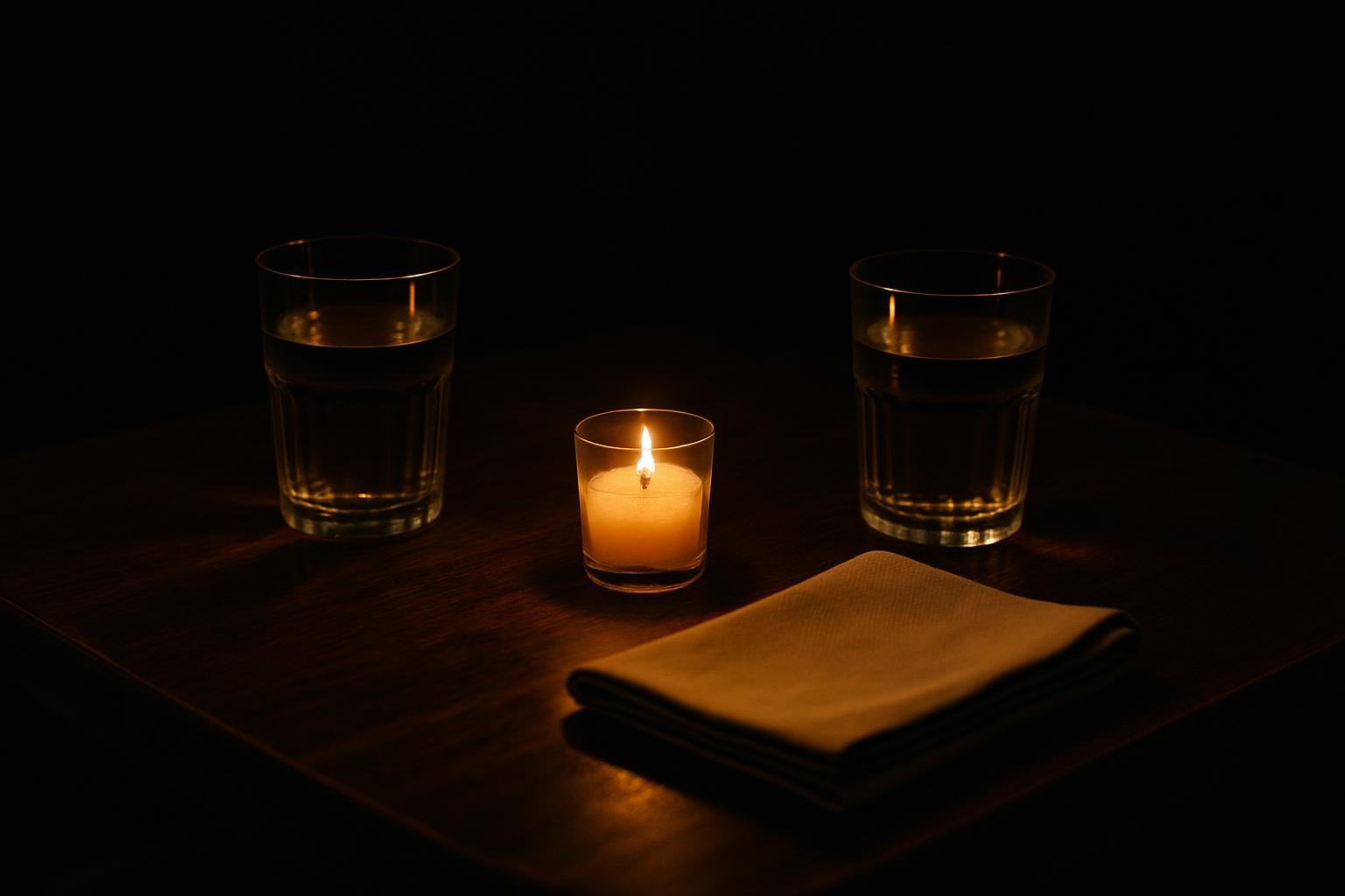 a small candle, two water glasses, and a folded cloth napkin on a dark wooden bistro table with soft warm overhead light; no people or menus visible