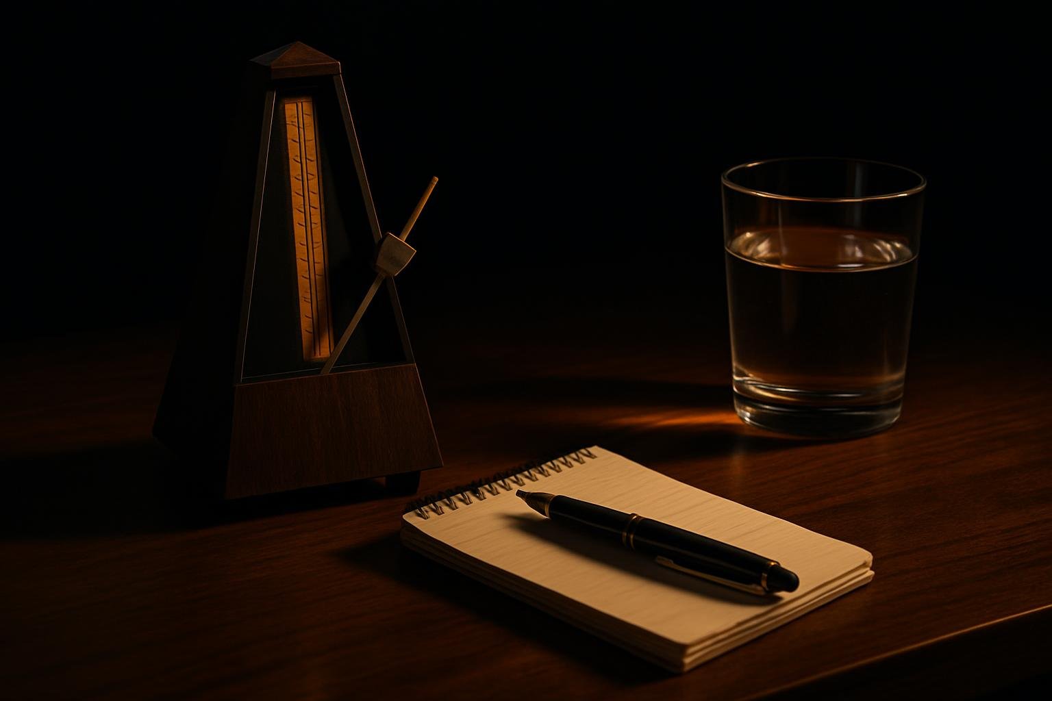 a small metronome, a notepad with a pen, and a clear water glass on a wooden table under soft evening light; subtle shadows, no screens or logos