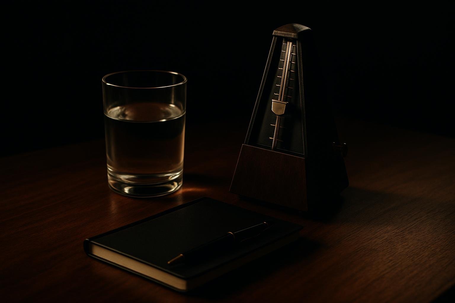 A walnut table with a glass of water, a small analog metronome, a black notebook, and a pen under soft morning window light.