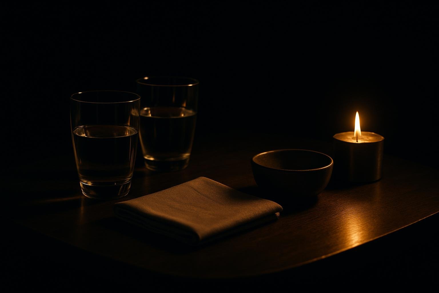A small bistro table with two water glasses, a folded napkin, a candle holder, and a simple ceramic bowl under warm evening light.