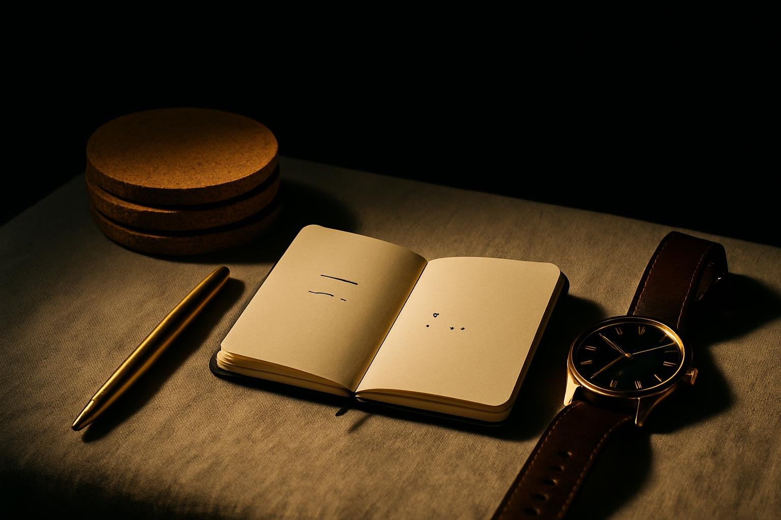 A small stack of cork coasters, a brass pen, a pocket notebook open to a page with simple marks, and an analog watch on a linen tablecloth in afternoon light.