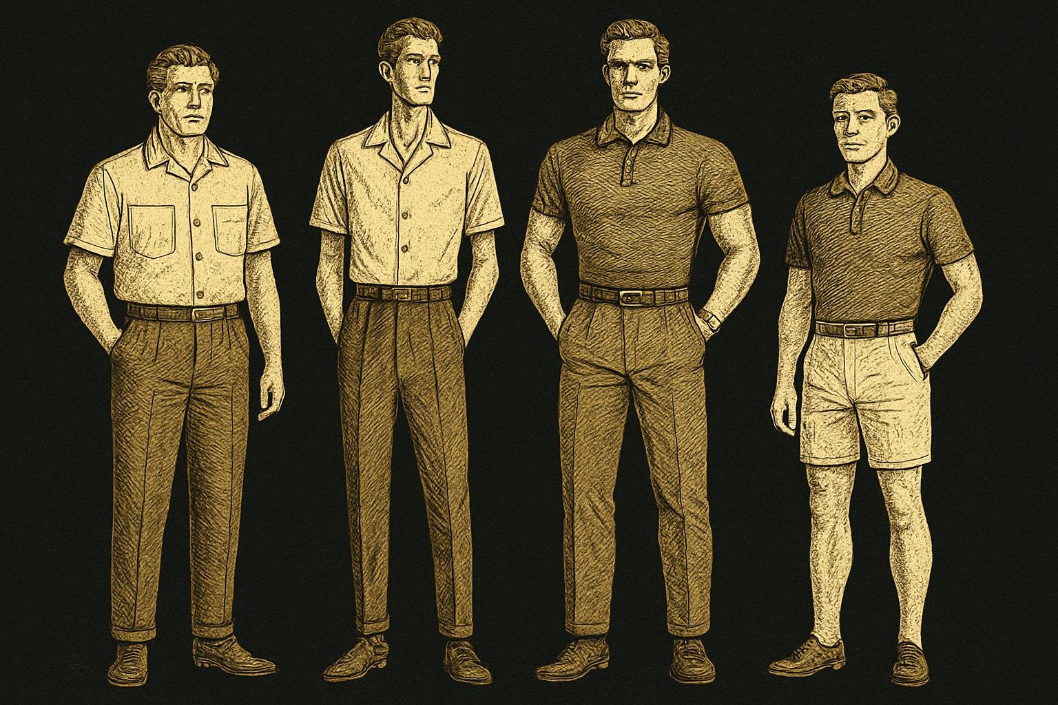 four etched gentleman figures in a vintage style: one with a straight-cut short-sleeve linen shirt and mid-rise straight trousers; one tall/lean in a camp-collar shirt and tapered chinos; one muscular in a knit polo with athletic-taper trousers; one shorter man in a trim polo with 7-inch shorts and no-break hems