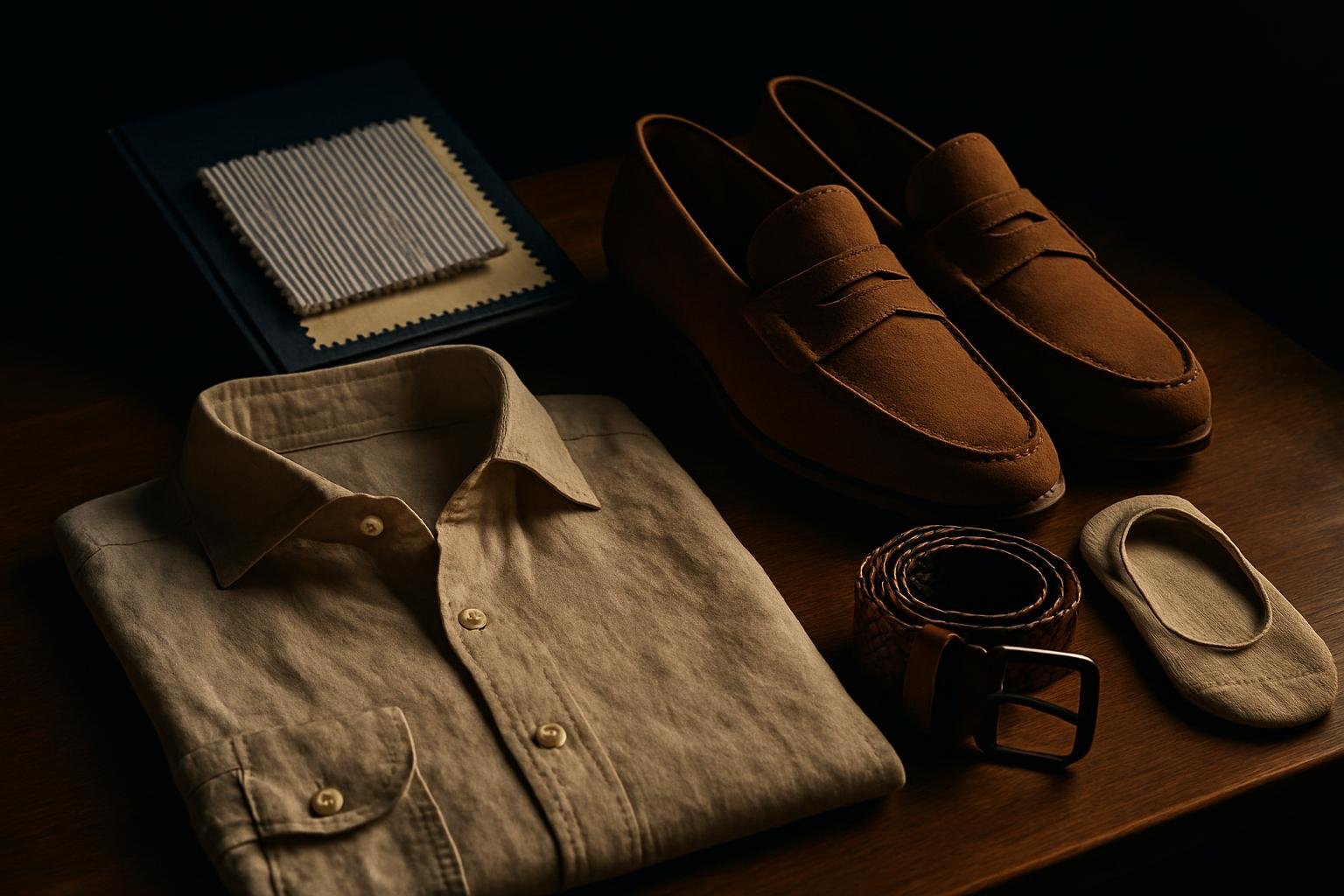 a linen button-down, seersucker swatch book, suede loafers, a woven belt, and a pair of no-show socks arranged on a wooden tabletop under soft window light