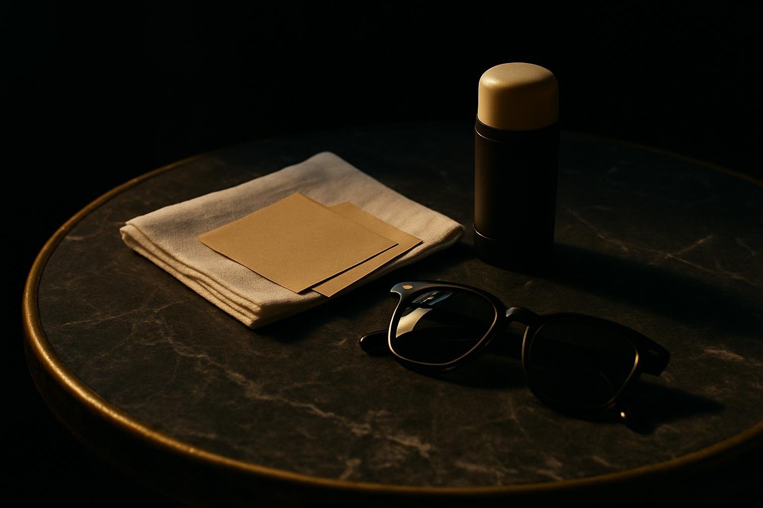 a folded cotton handkerchief, matte blotting sheets, a small stick of deodorant, and a pair of sunglasses on a marble cafe table with cool morning light