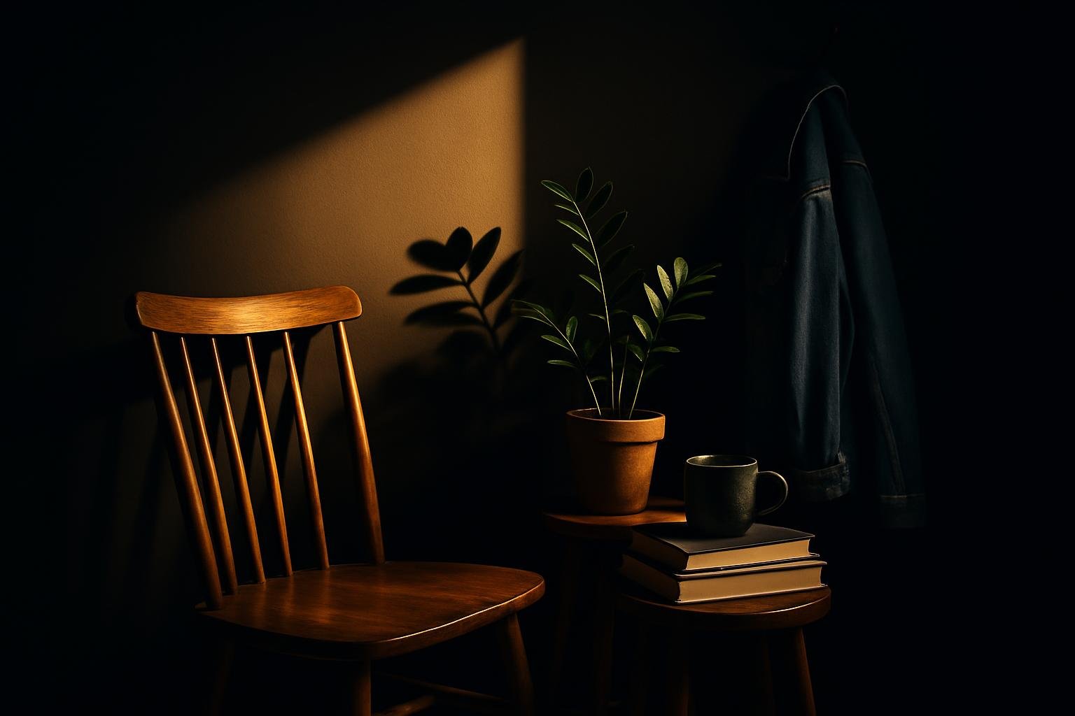 a wooden chair angled toward a sunlit wall, a plant on a stool, a ceramic mug on a stack of books, and a denim jacket on a wall hook; bright side light, clean space