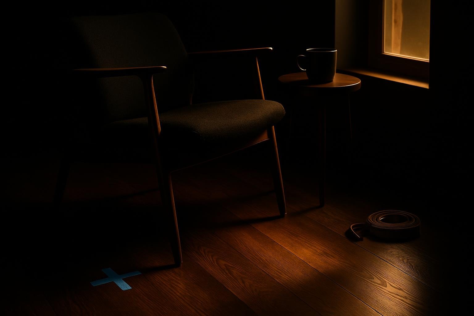 painter’s tape marking a spot on hardwood floor, a chair angled 30 degrees, a coffee mug on a side table, and a tape measure coiled near a sunlit window; warm afternoon light