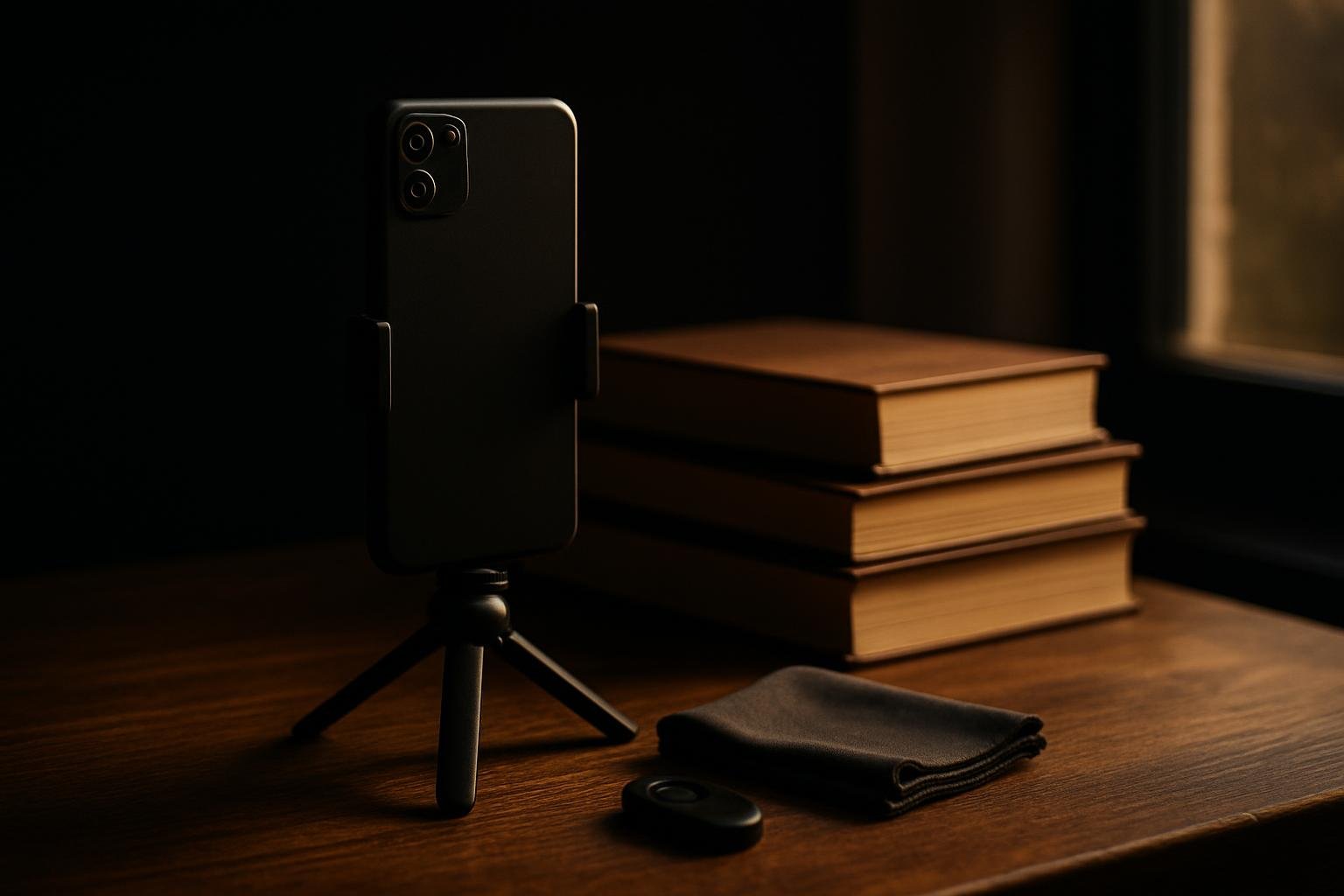 a small phone tripod next to a stack of hardcover books, a microfiber cloth, and a wireless remote on a wooden table near a bright window; soft morning light, no people