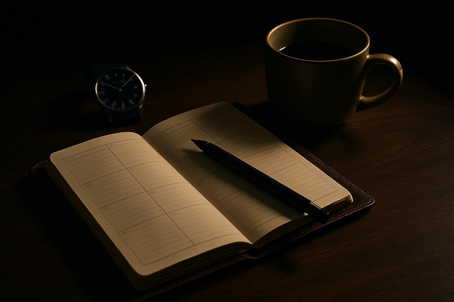 a leather-bound weekly planner open to a blank week, a black pen diagonally across it, a simple analog watch and a half-full coffee cup on a wooden table under soft morning light
