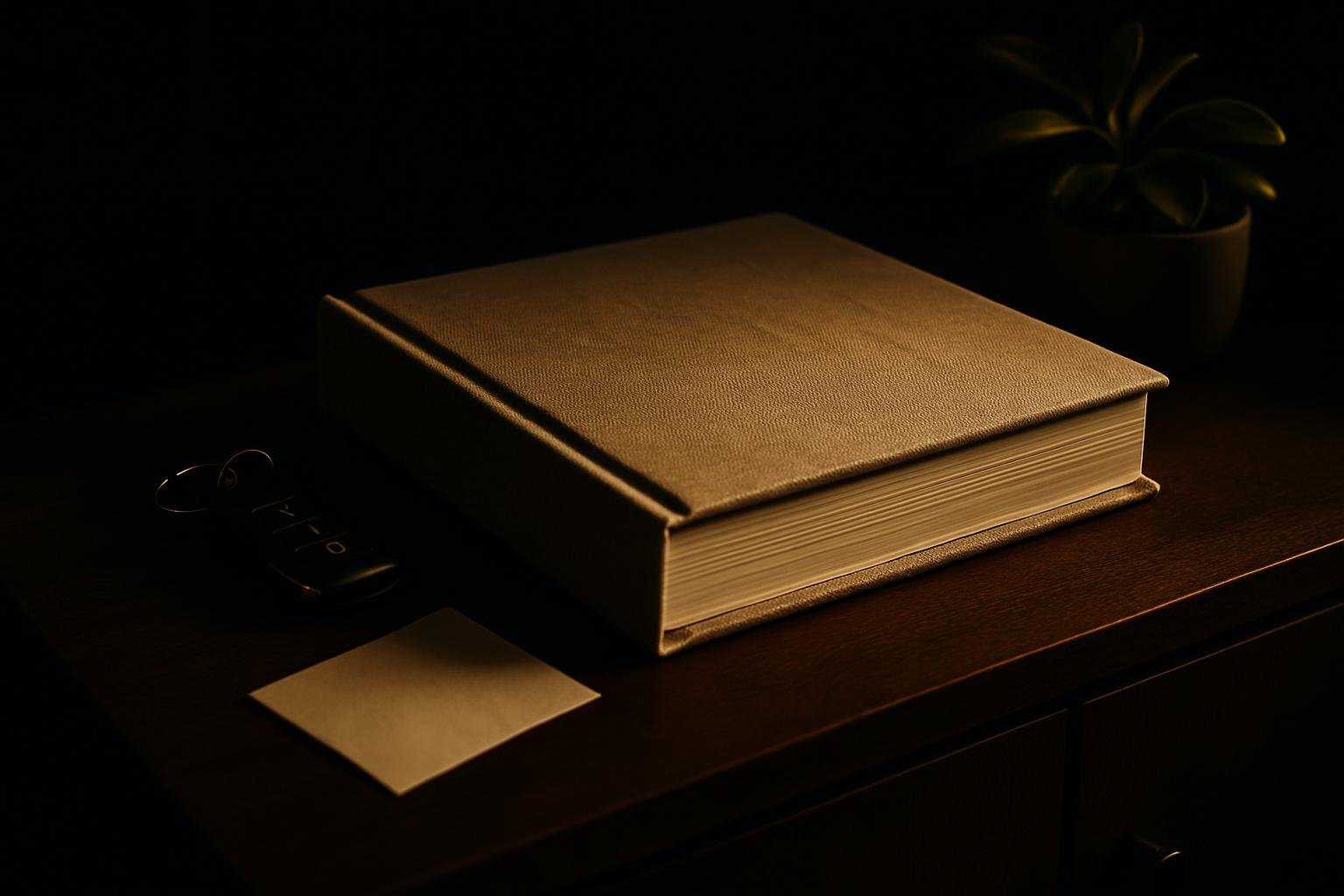 a closed linen photo album stacked on a wooden credenza beside car keys, a folded note, and a small houseplant, lit by late-afternoon window light
