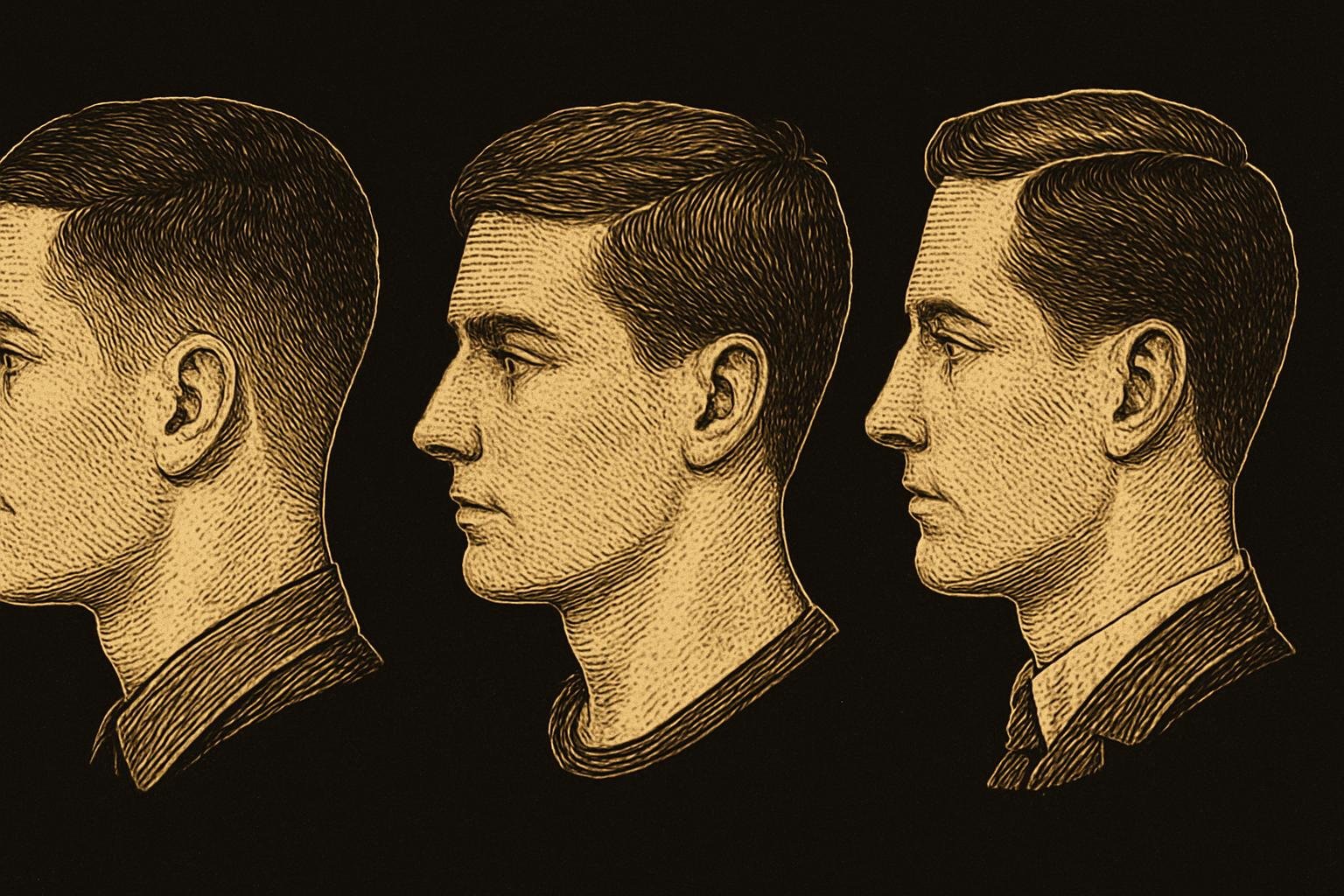 ILLUSTRATION — three etched gentleman head profiles showing: 1) low taper with #3 guard into scissor-over-comb, 2) softly textured top with 1–1.5 inch length laying flat, 3) natural tapered neckline versus a boxed neckline that flips up