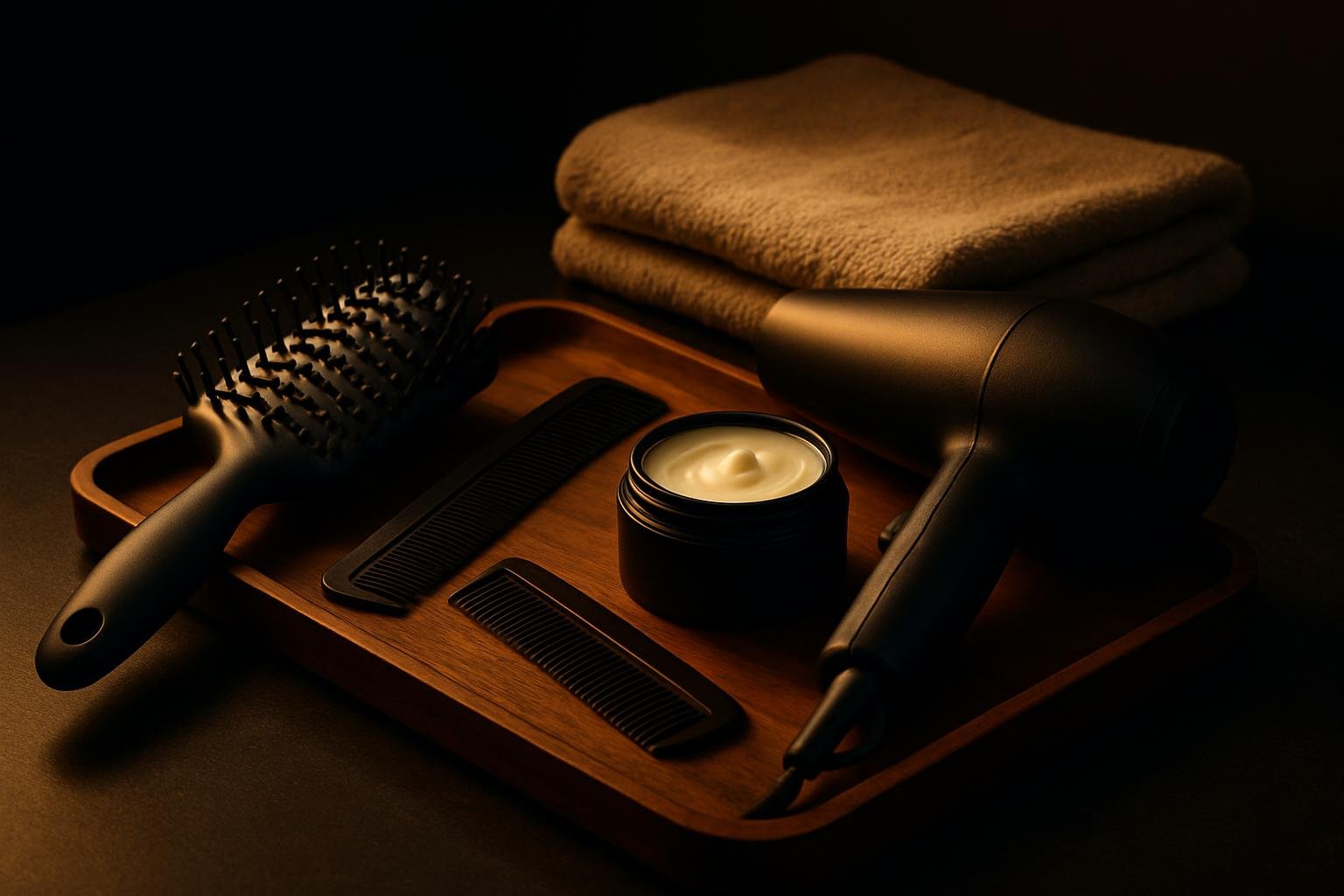 DEFAULT — a walnut tray on a bathroom counter holding a vented brush, a fine-tooth comb, a matte hair cream tub with lid off, a compact hairdryer with concentrator nozzle, and a cotton towel under soft morning light