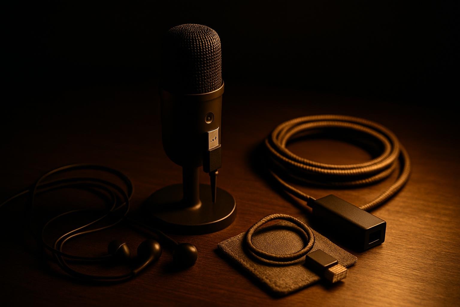 a small USB microphone on a desk beside wired earbuds, a coiled ethernet adapter, and a fabric coaster, all under warm table-lamp light