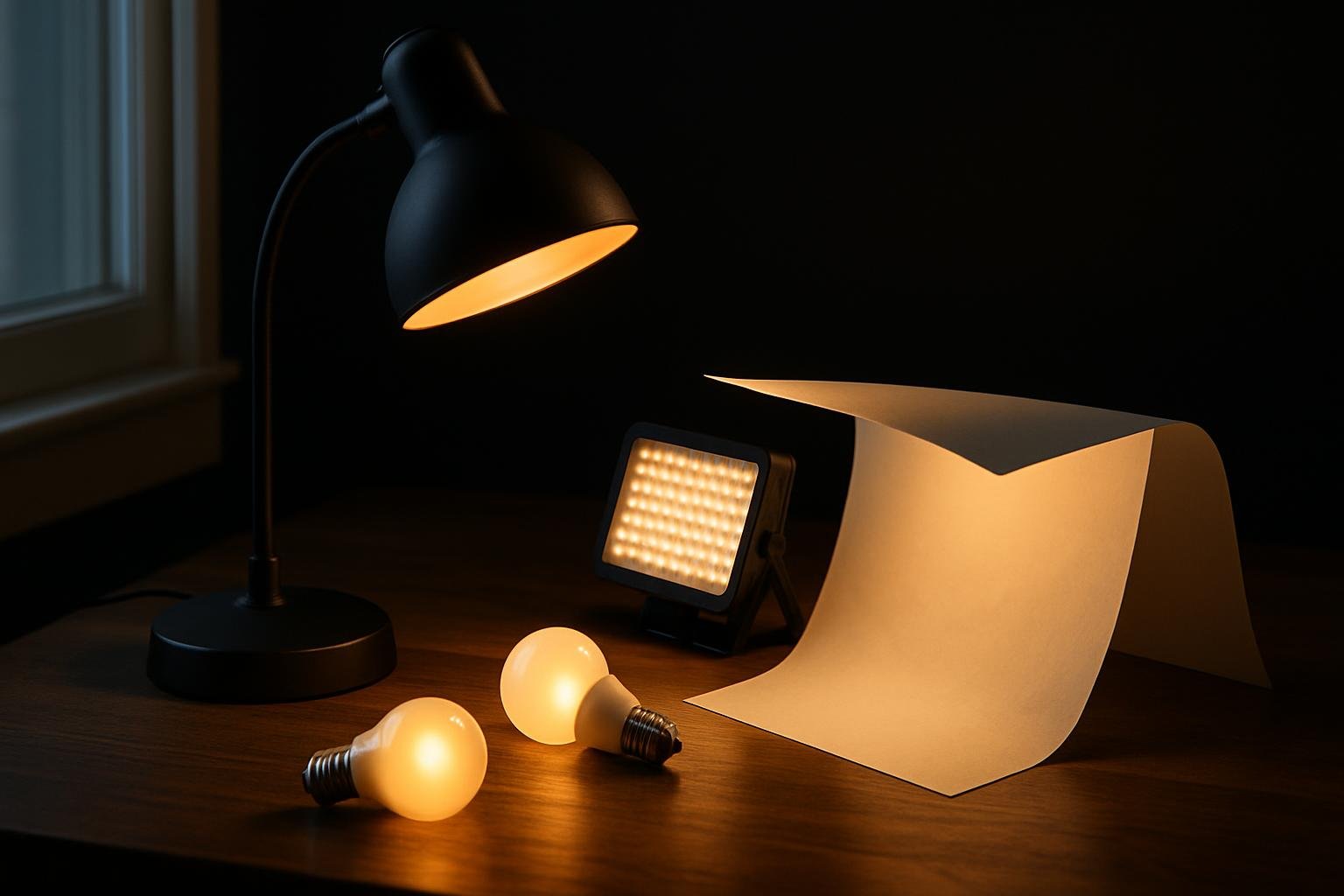 a matte black desk lamp, a small LED panel, two warm-white LED bulbs, and a sheet of white printer paper used as a diffuser, arranged on a wooden desk under soft window light