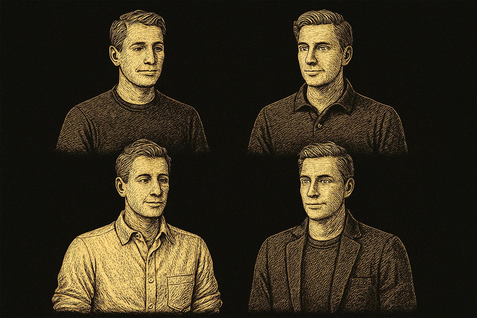 four etched gentleman torsos wearing different video-call-friendly outfits: a dark heather crewneck tee with clean collar; a navy knit polo with open placket; a light oxford button-down with sleeves neatly rolled; an unstructured charcoal sport coat over a slate tee
