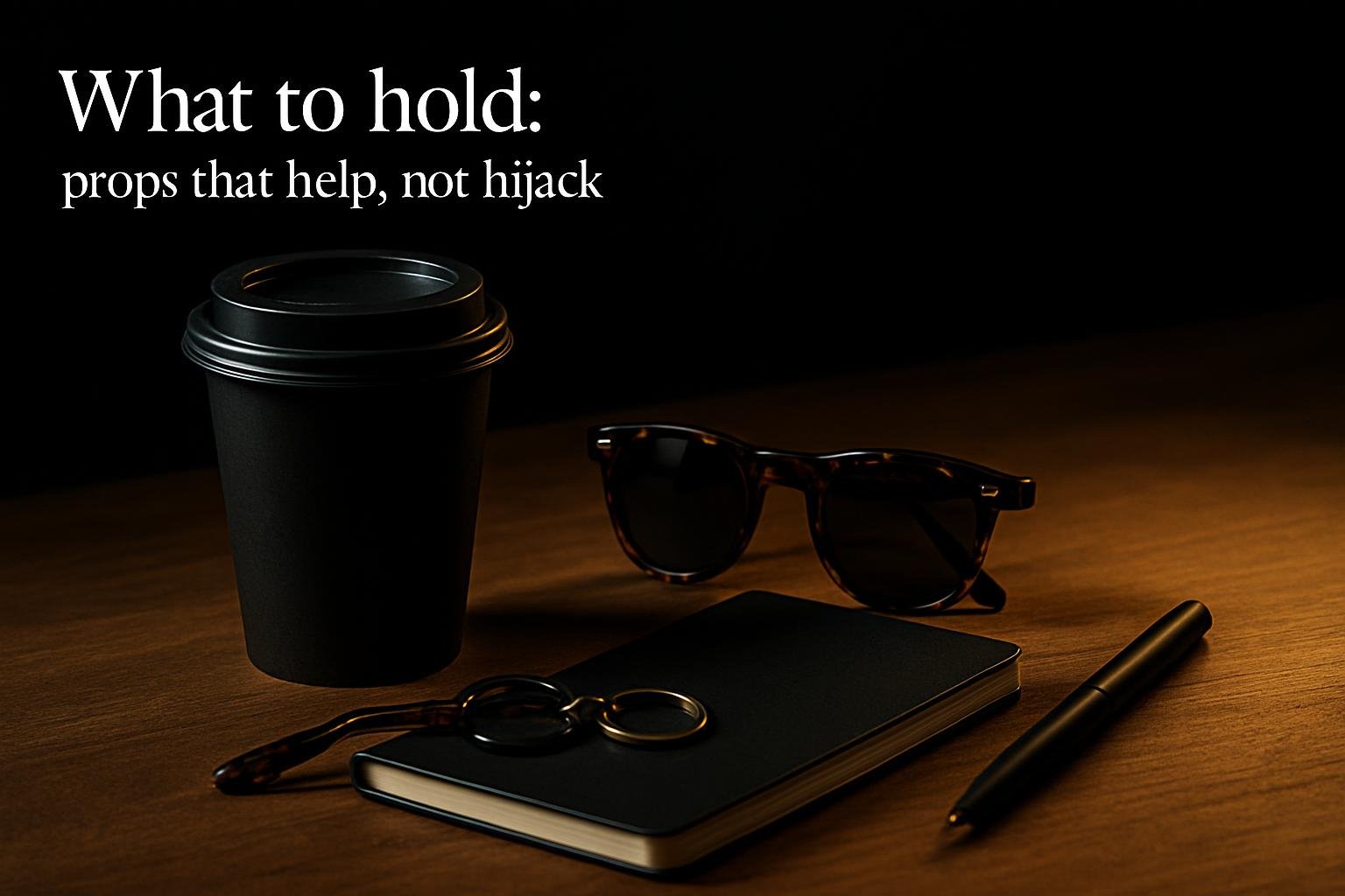 a matte black takeaway cup with lid, tortoiseshell sunglasses folded, a small key loop, a slim notebook, and a plain pen arranged on a wooden tabletop under soft window light