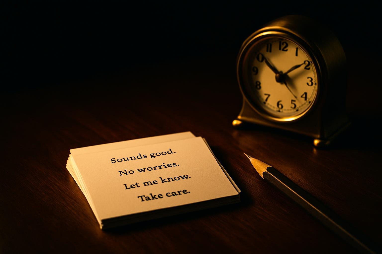 a small stack of index cards with short printed message snippets, a graphite pencil, and a brass desk clock on a walnut surface under evening lamplight